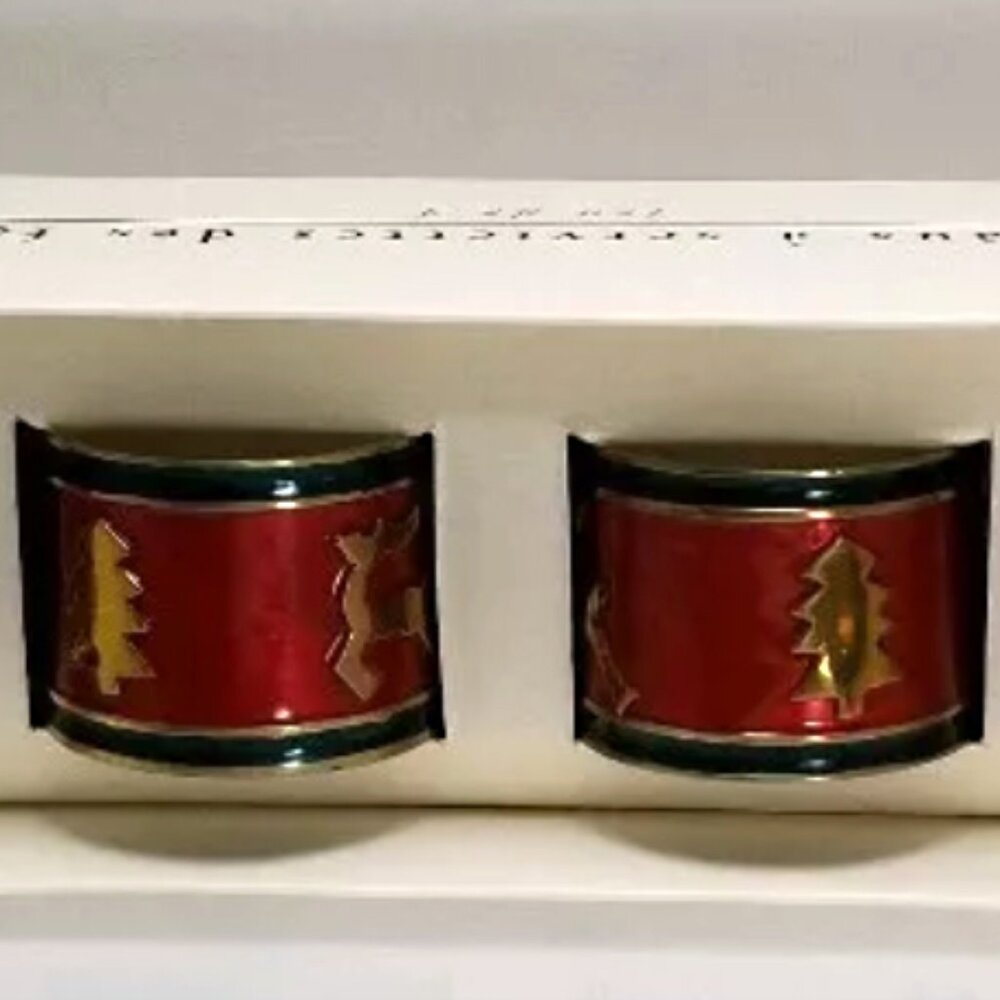 Set of 4 Pier 1 Imports Brass Holiday Napkin Rings Christmas Reindeer & Trees